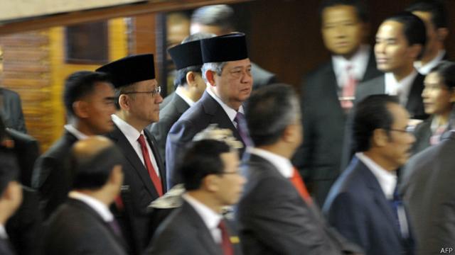 Presiden SBY saat tiba di ruang sidang DPR/DPD sebelum menyampaikan nota RAPBN 2015.